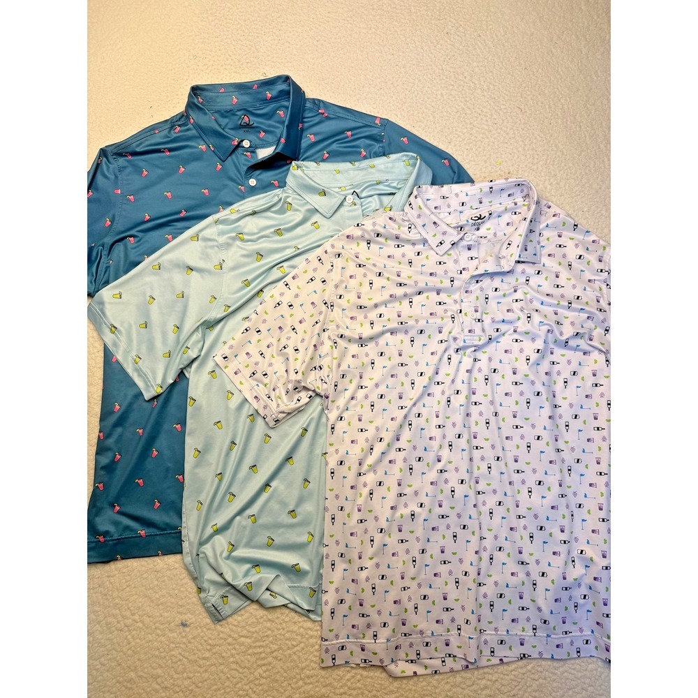 DEOLAX‎ Polo Shirts Mens 2XL Multicolor Golf Drinks Print Stretch Set Of 3